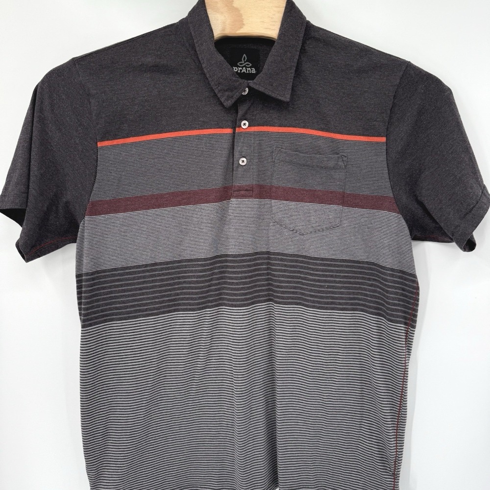 Prana Polo Shirt Mens XL Charcoal Grey Striped Short Sleeve Chest Pocket Casual